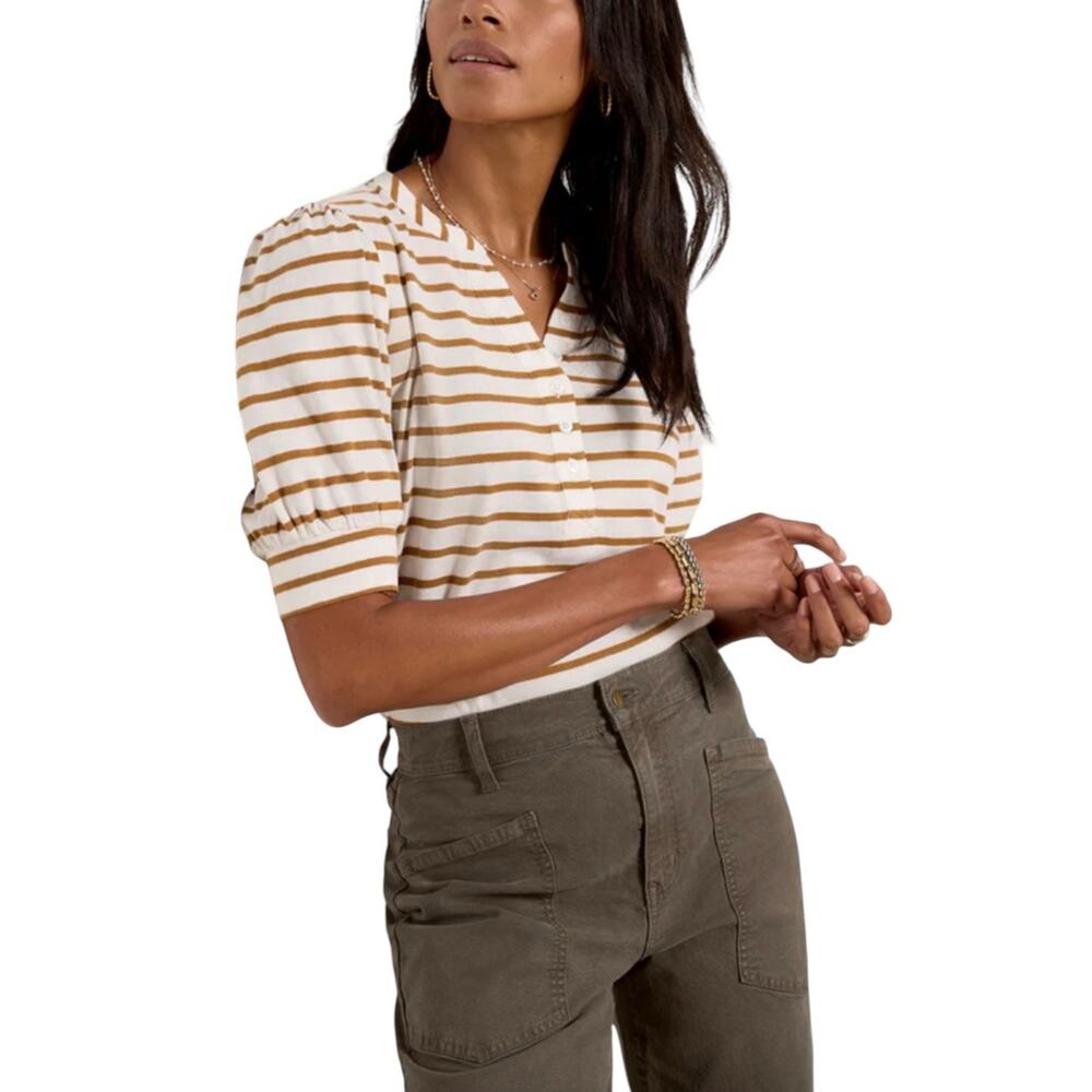 Rails Women’s Striped XS Henley Top White Brown Short Sleeve Puff Sleeve Tee
